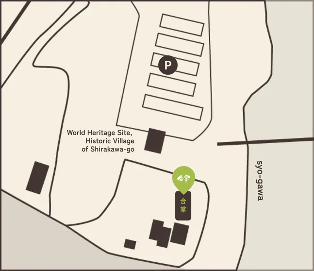 Map of Gassho locations within Shirakawa-go. Located just south-west of the Deai Bridge and just south of the car park.